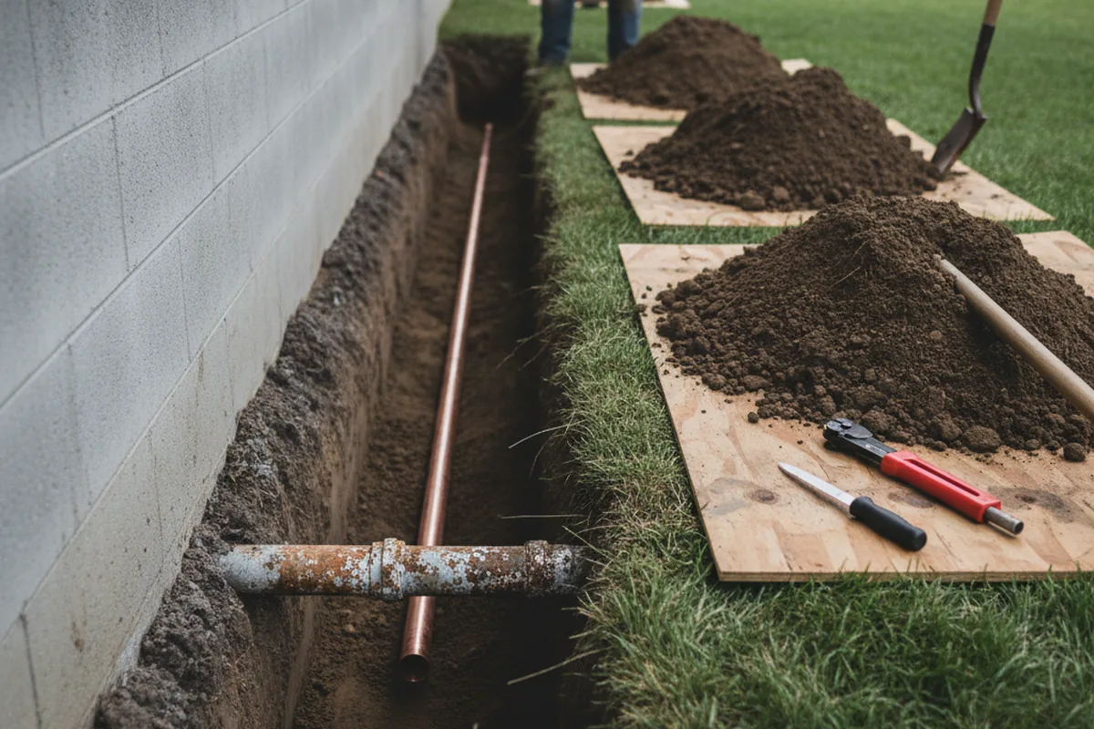 Excavated water line trench during Water Softener Installation in Ocean Beach